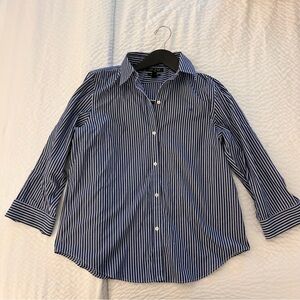 Lauren Ralph Lauren 3/4 Sleeve Button Down Blue&White Stripe Non-iron